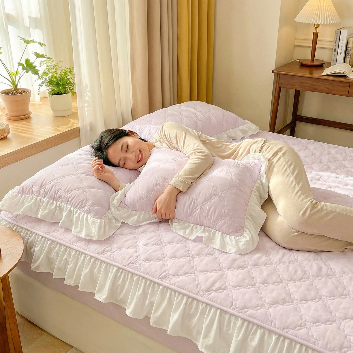 91家纺网 家纺一手货源 找家纺 佳笠家居 2026新款A类全棉40支水洗棉少女风花边棉花床笠-场景图 星空紫