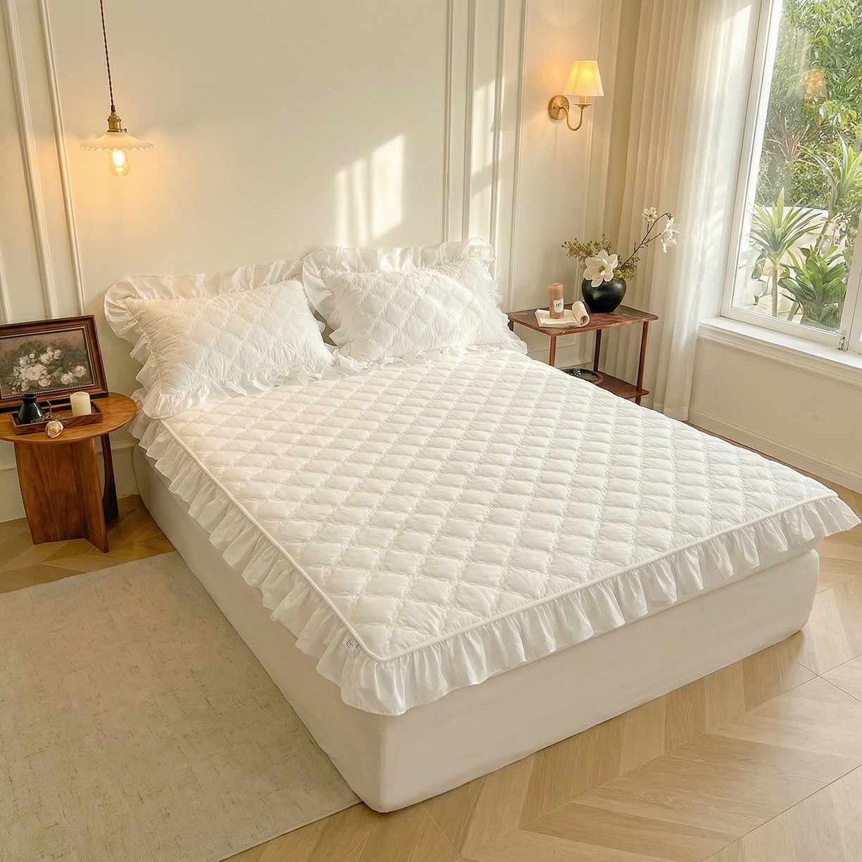 91家纺网 家纺一手货源 找家纺 佳笠家居 2026新款A类全棉40支水洗棉少女风花边棉花床笠-场景图 贵族白