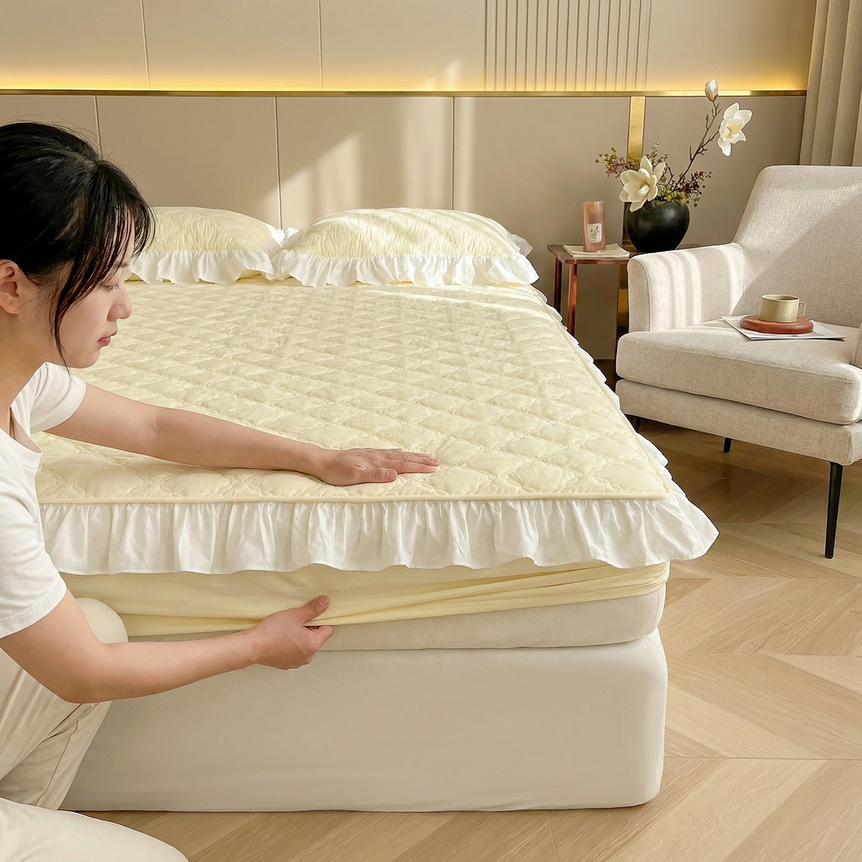 91家纺网 家纺一手货源 找家纺 佳笠家居 2026新款A类全棉40支水洗棉少女风花边棉花床笠-场景图 象牙黄