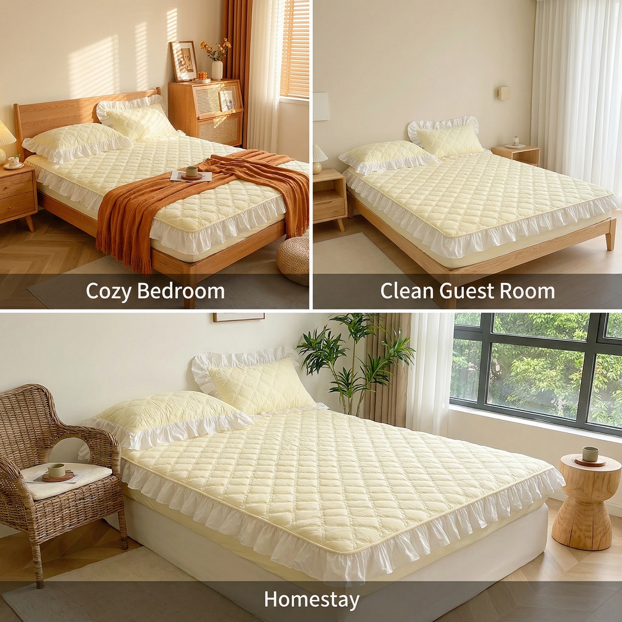 91家纺网 家纺一手货源 找家纺 佳笠家居 2026新款A类全棉40支水洗棉少女风花边棉花床笠-场景图 象牙黄