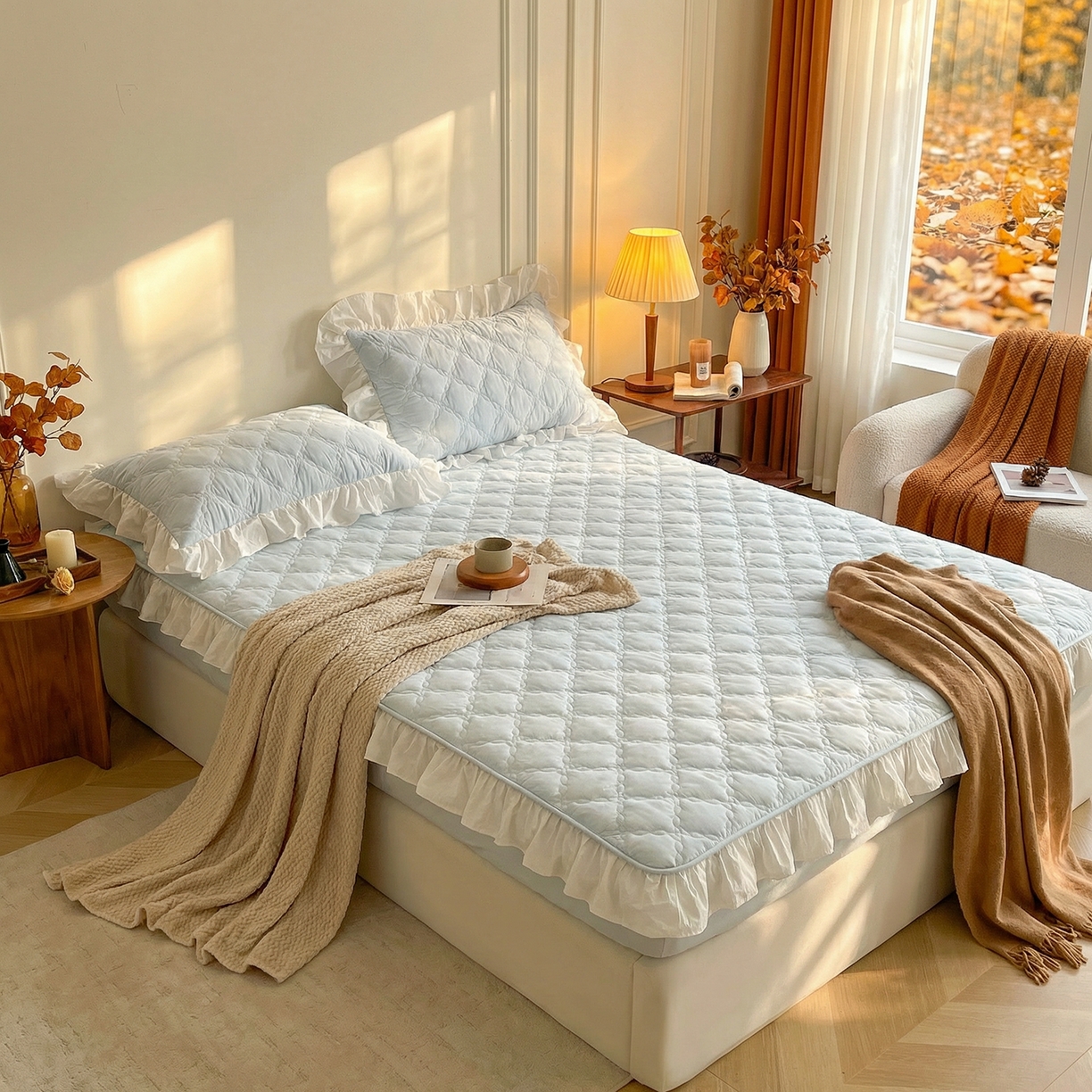 91家纺网 家纺一手货源 找家纺 佳笠家居 2026新款A类全棉40支水洗棉少女风花边棉花床笠-场景图 晴空蓝