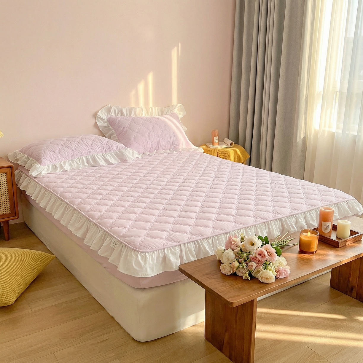 91家纺网 家纺一手货源 找家纺 佳笠家居 2026新款A类全棉40支水洗棉少女风花边棉花床笠-场景图 星空紫