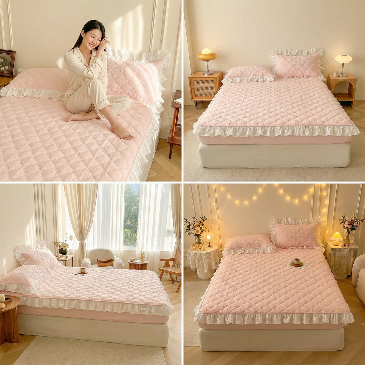 91家纺网 家纺一手货源 找家纺 佳笠家居 2026新款A类全棉40支水洗棉少女风花边棉花床笠-场景图 芝夏粉