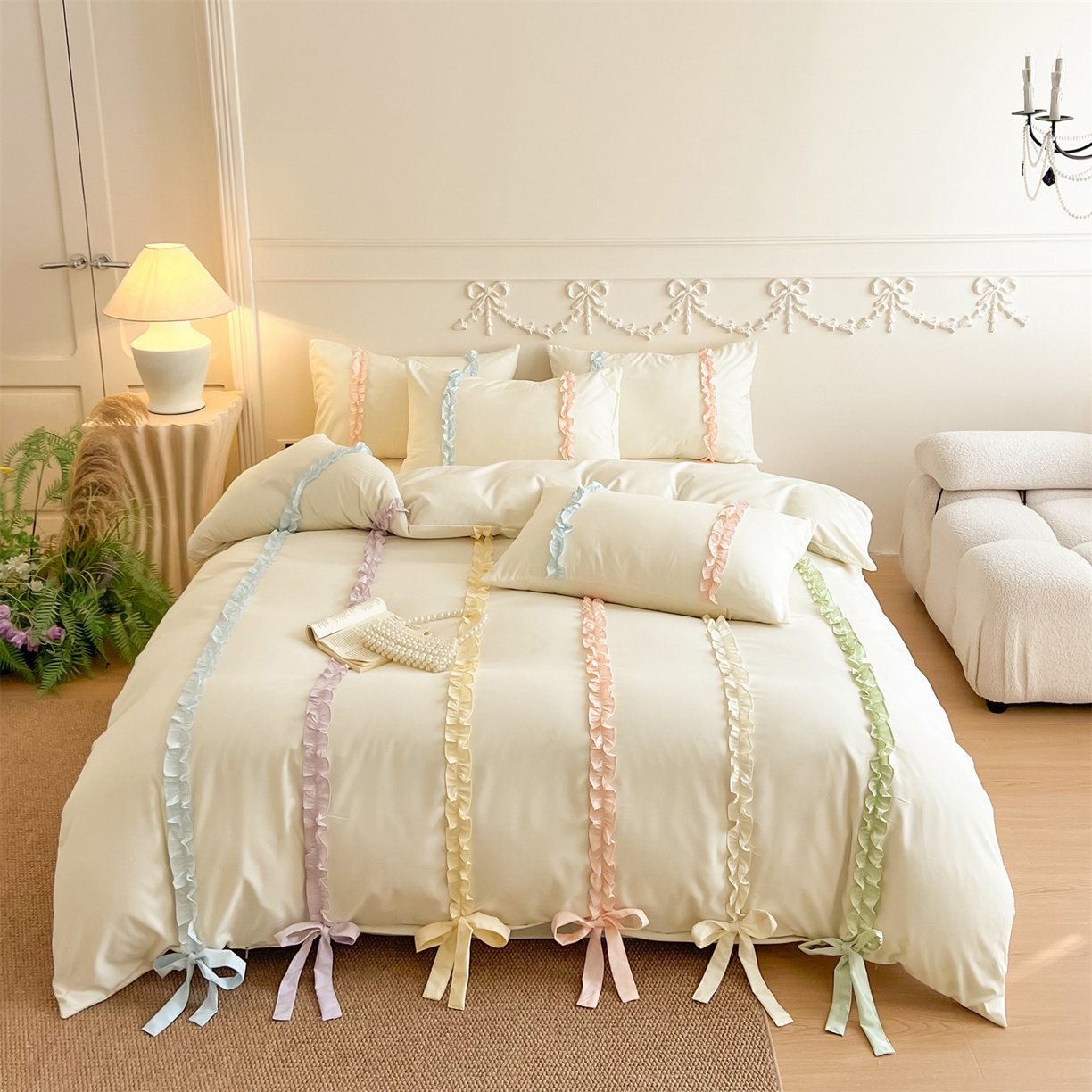 91家纺网 家纺一手货源 找家纺 （总）吾欢心 2026春夏新款公主风彩色蝴蝶结四件套