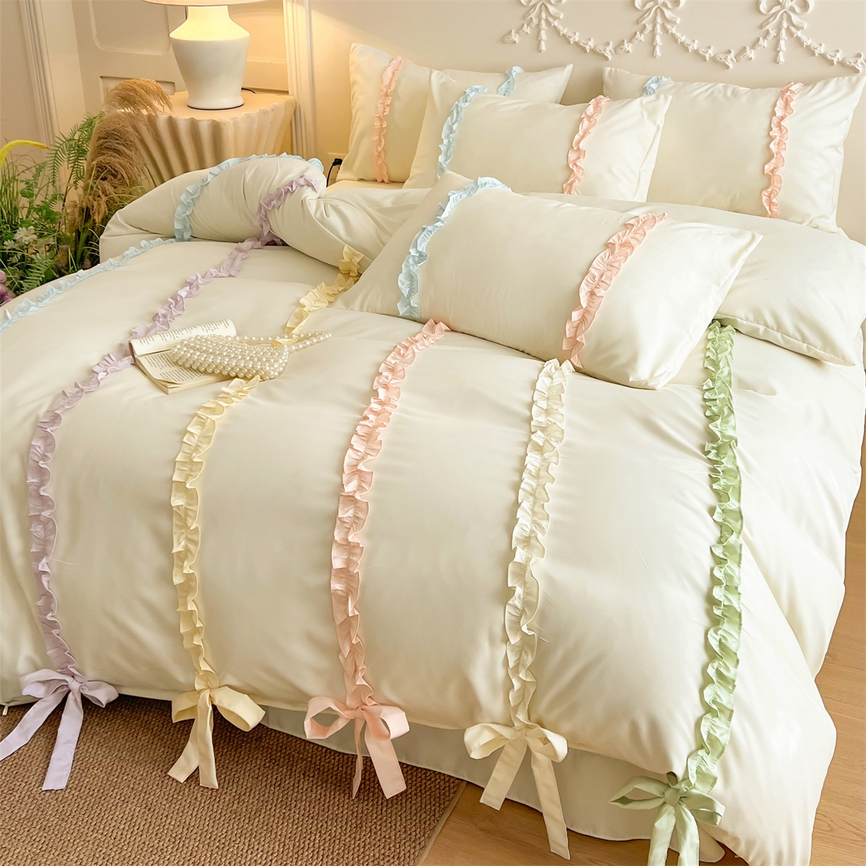 91家纺网 家纺一手货源 找家纺 （总）吾欢心 2026春夏新款公主风彩色蝴蝶结四件套