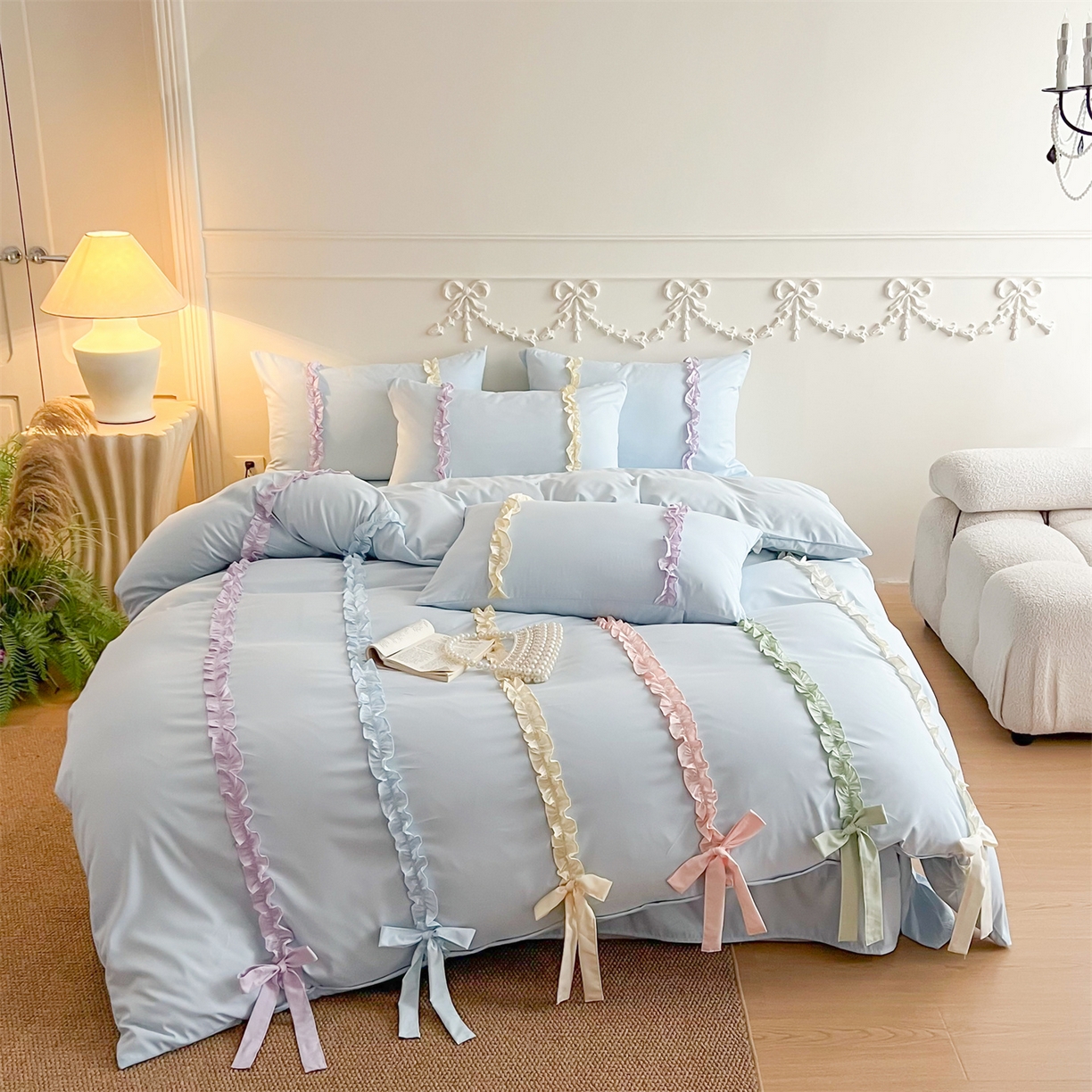 91家纺网 家纺一手货源 找家纺 （总）吾欢心 2026春夏新款公主风彩色蝴蝶结四件套