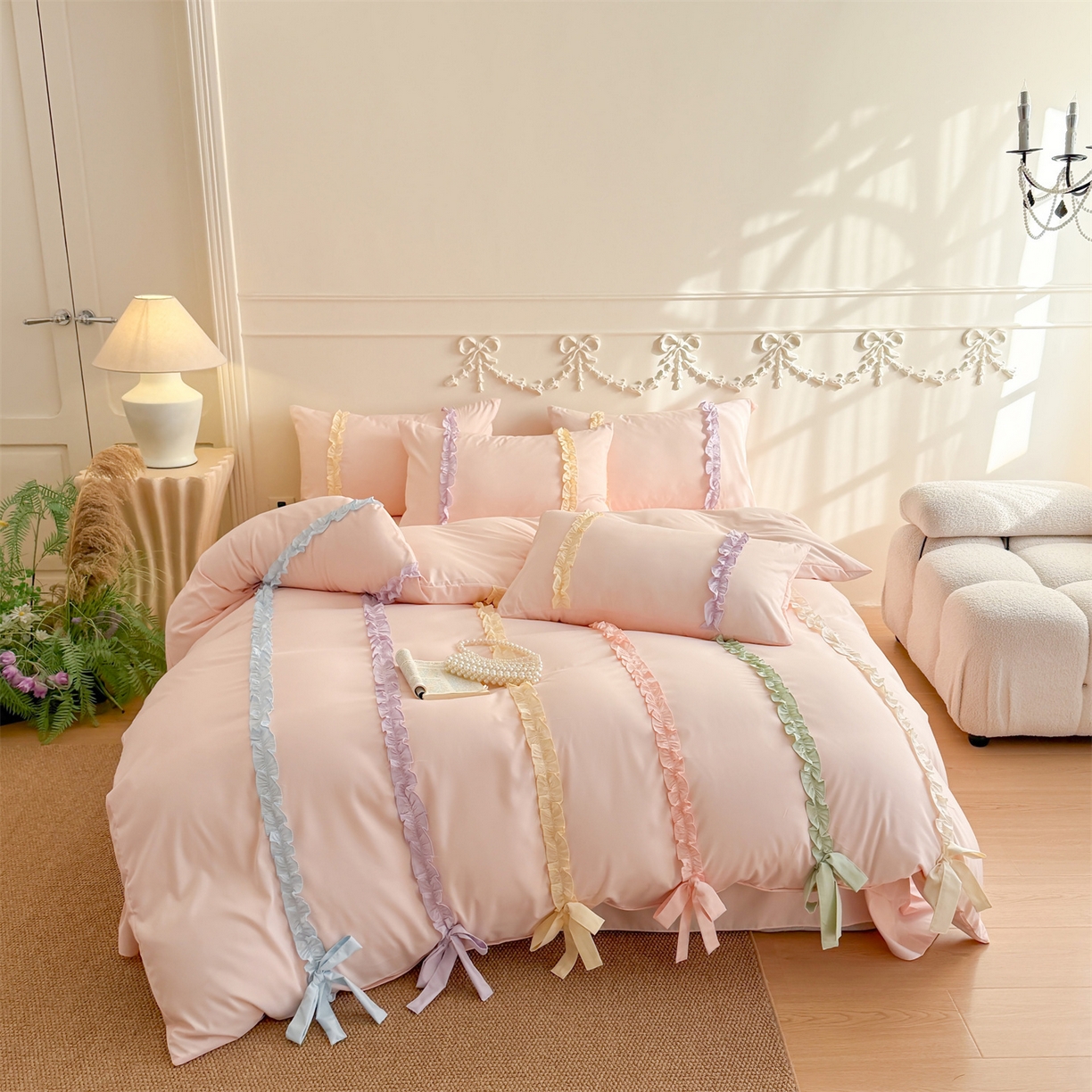 91家纺网 家纺一手货源 找家纺 （总）吾欢心 2026春夏新款公主风彩色蝴蝶结四件套