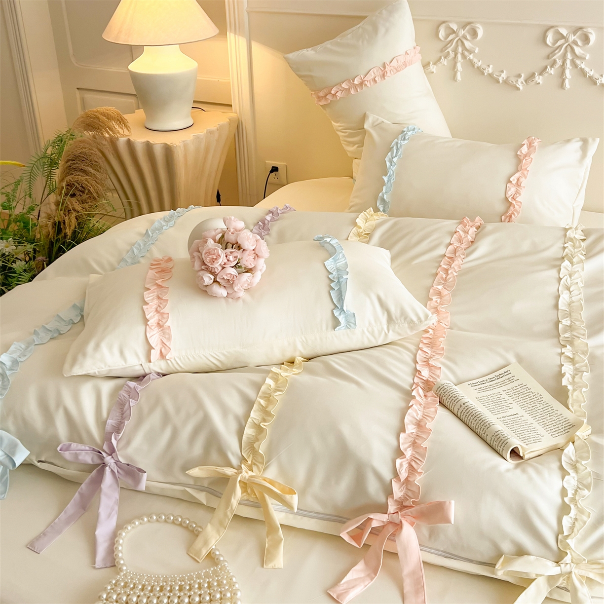 91家纺网 家纺一手货源 找家纺 （总）吾欢心 2026春夏新款公主风彩色蝴蝶结四件套