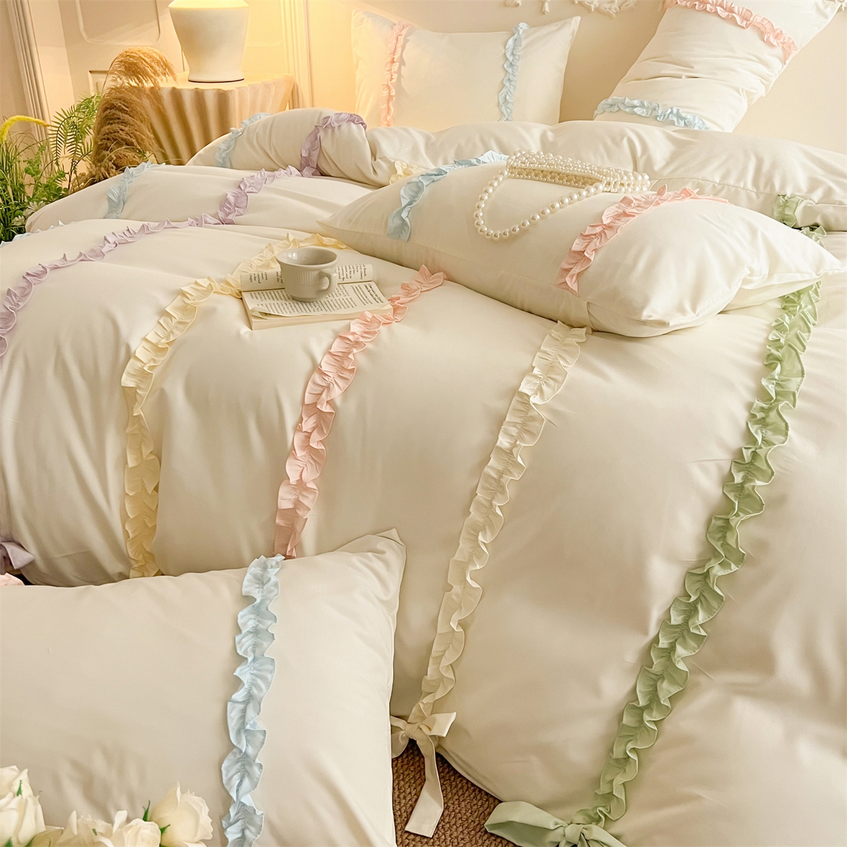 91家纺网 家纺一手货源 找家纺 （总）吾欢心 2026春夏新款公主风彩色蝴蝶结四件套