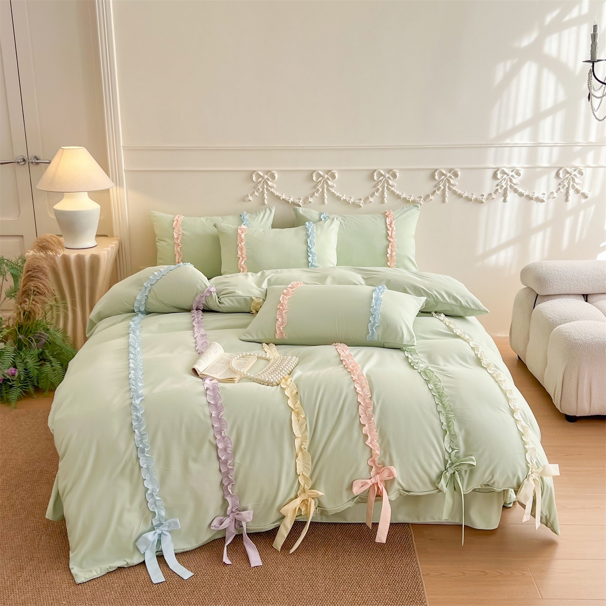 91家纺网 家纺一手货源 找家纺 （总）吾欢心 2026春夏新款公主风彩色蝴蝶结四件套