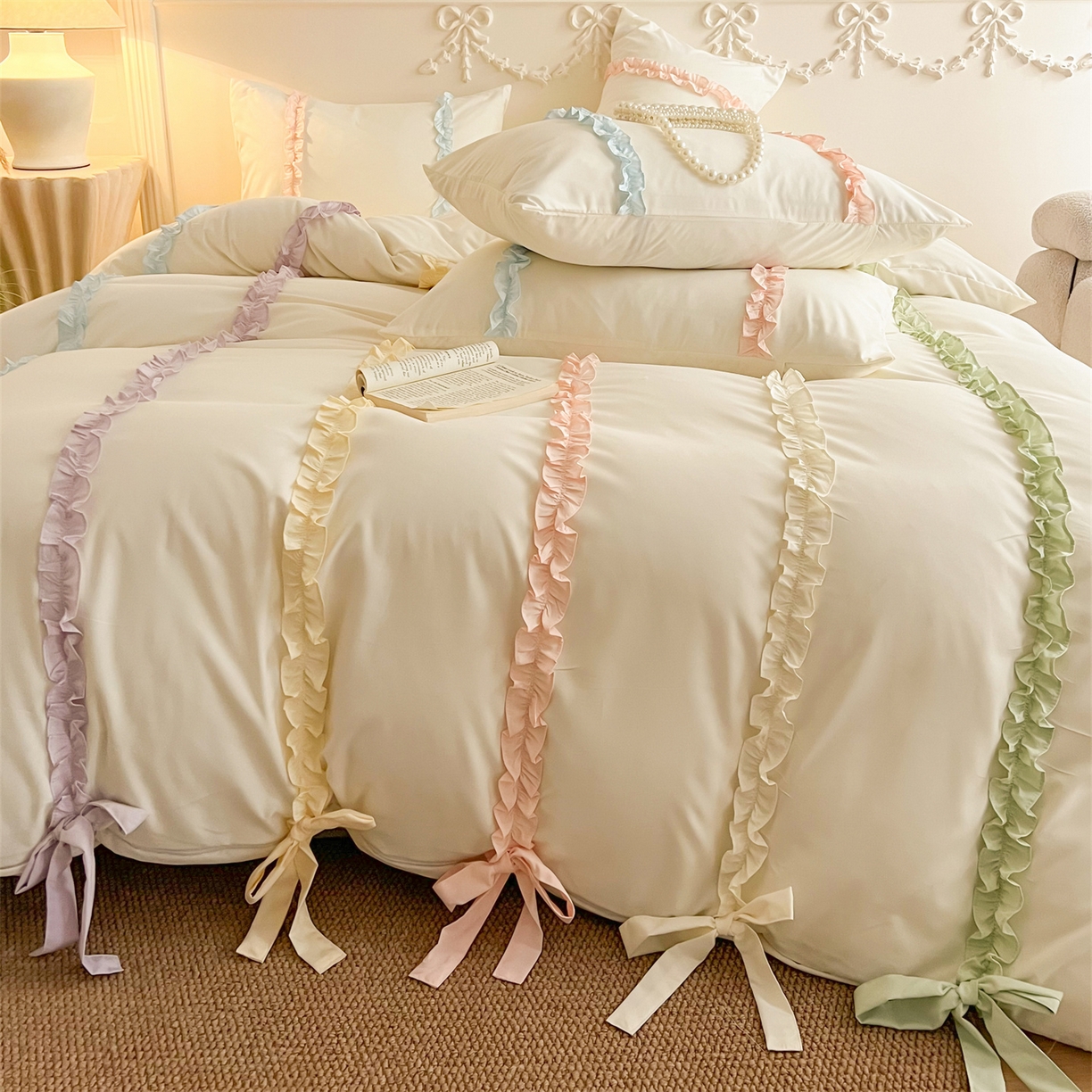 91家纺网 家纺一手货源 找家纺 （总）吾欢心 2026春夏新款公主风彩色蝴蝶结四件套