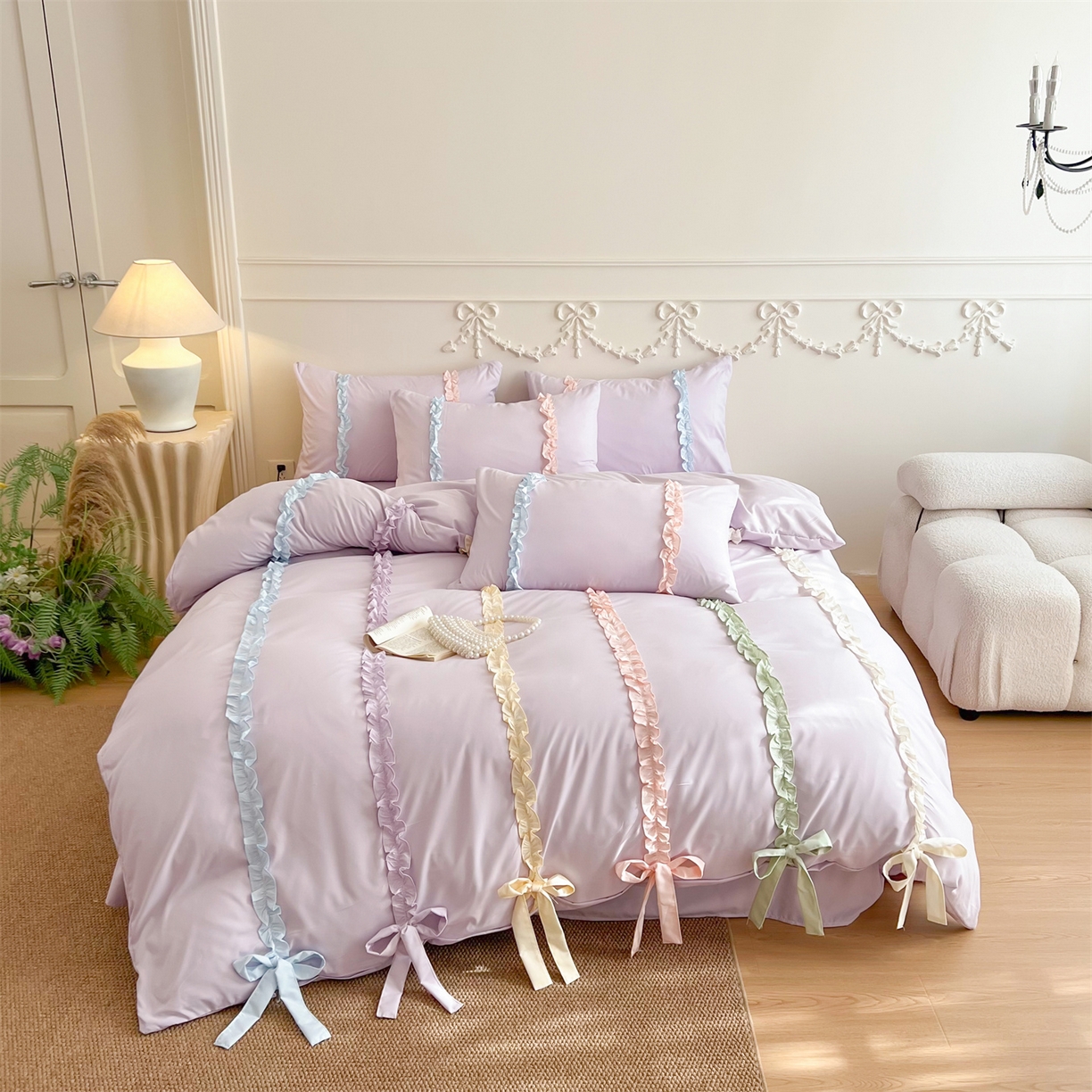 91家纺网 家纺一手货源 找家纺 （总）吾欢心 2026春夏新款公主风彩色蝴蝶结四件套