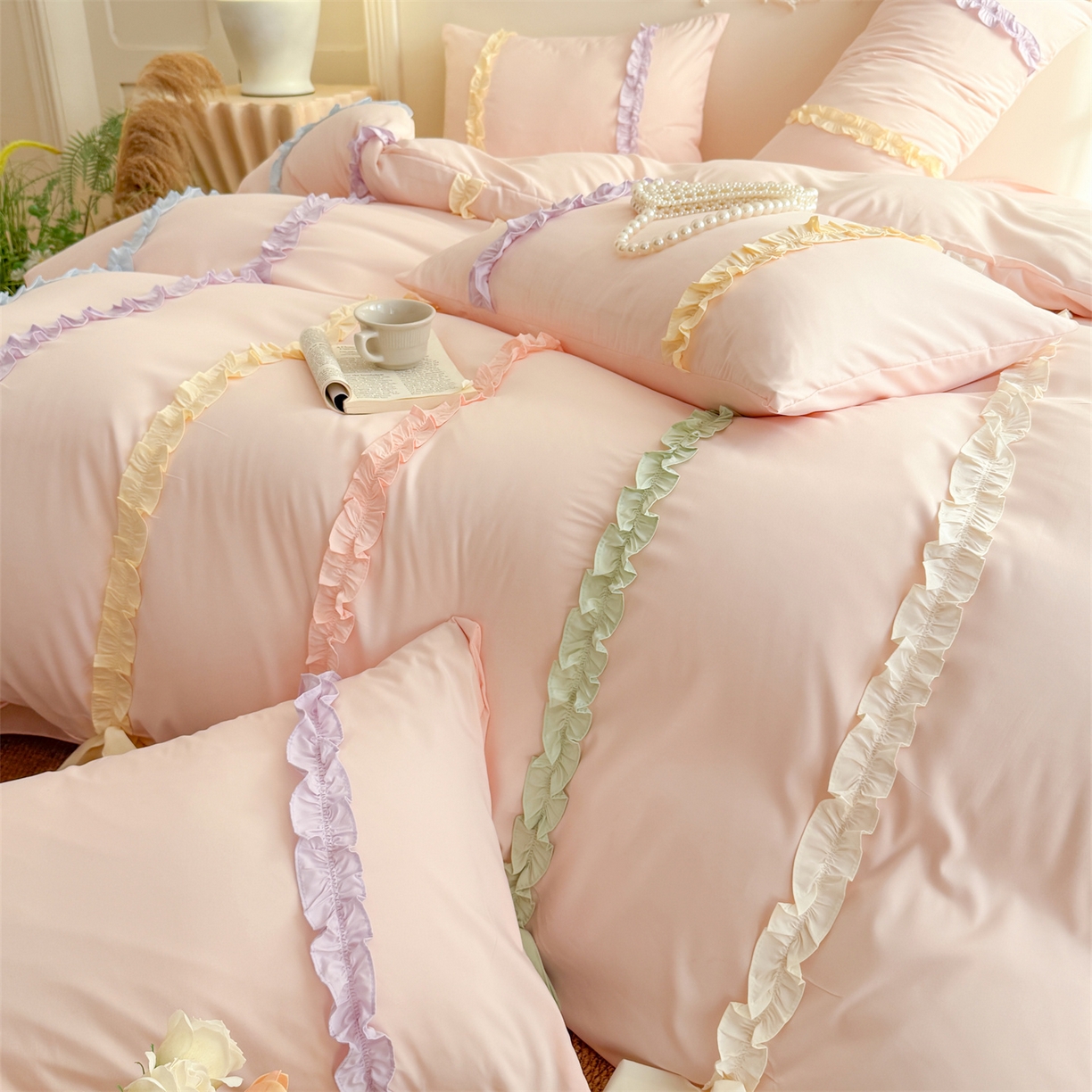 91家纺网 家纺一手货源 找家纺 吾欢心 2026春夏新款公主风彩色蝴蝶结四件套 彩色蝴蝶结粉