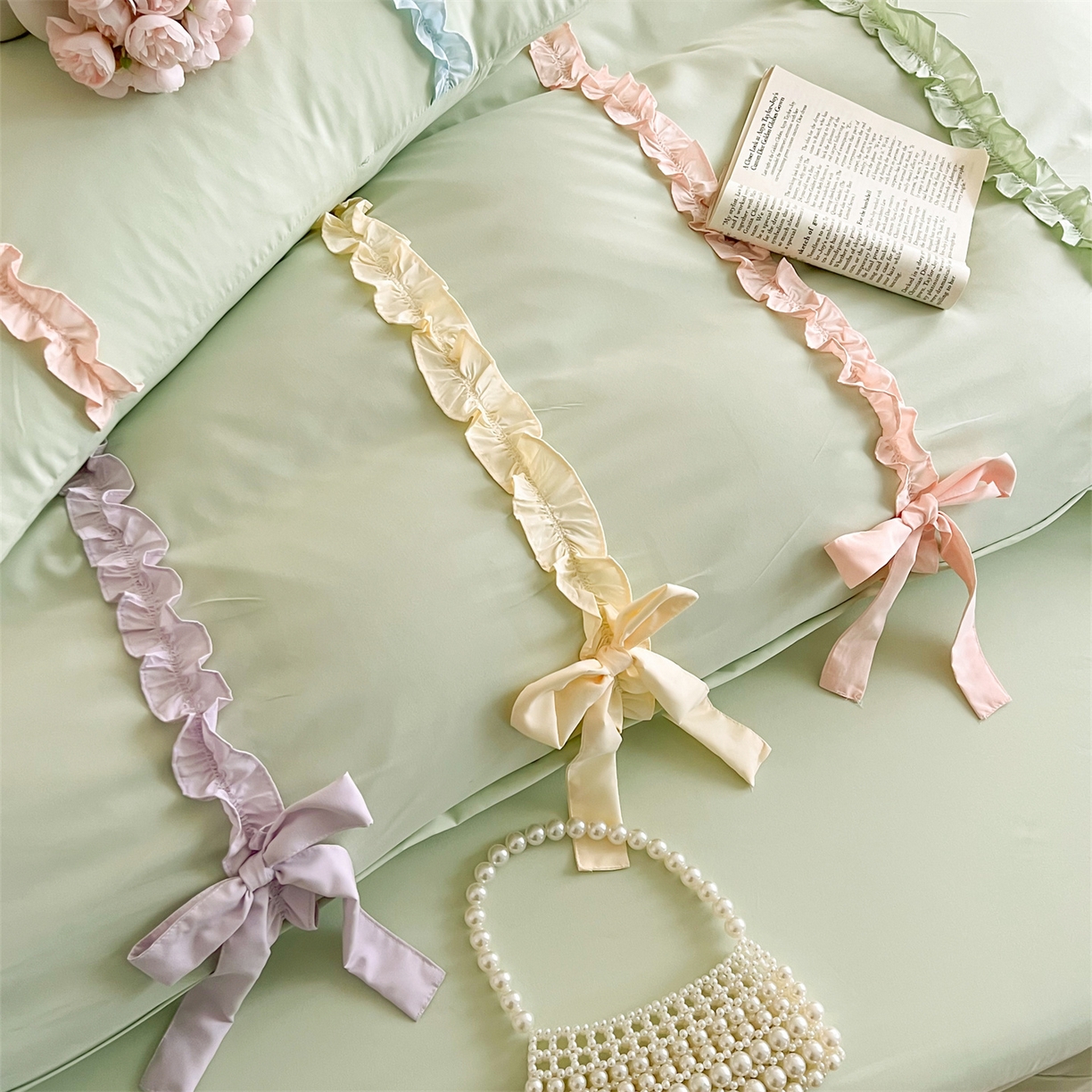 91家纺网 家纺一手货源 找家纺 吾欢心 2026春夏新款公主风彩色蝴蝶结四件套 彩色蝴蝶结绿