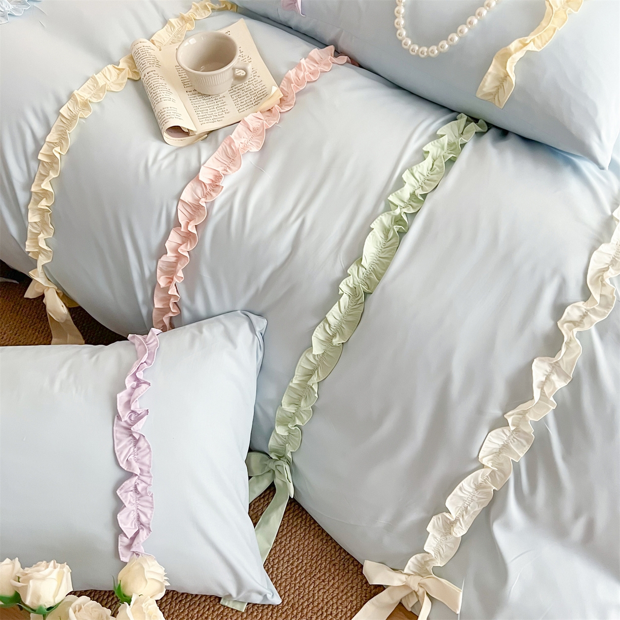 91家纺网 家纺一手货源 找家纺 吾欢心 2026春夏新款公主风彩色蝴蝶结四件套 彩色蝴蝶结蓝