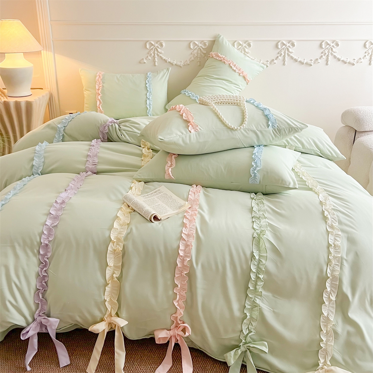 91家纺网 家纺一手货源 找家纺 吾欢心 2026春夏新款公主风彩色蝴蝶结四件套 彩色蝴蝶结绿