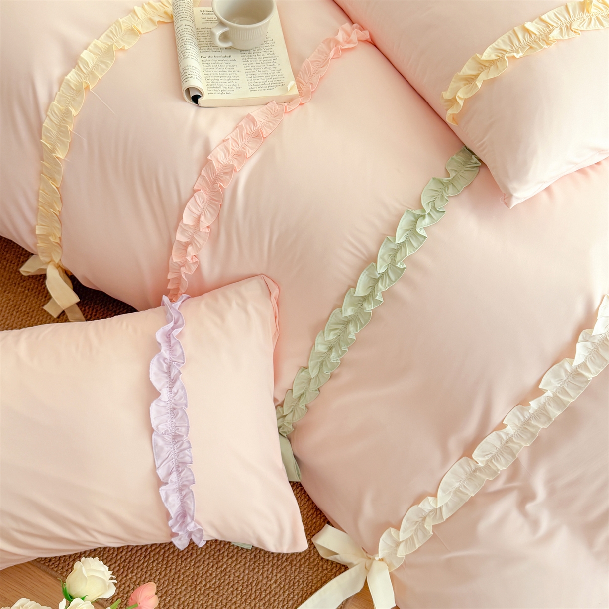 91家纺网 家纺一手货源 找家纺 吾欢心 2026春夏新款公主风彩色蝴蝶结四件套 彩色蝴蝶结粉