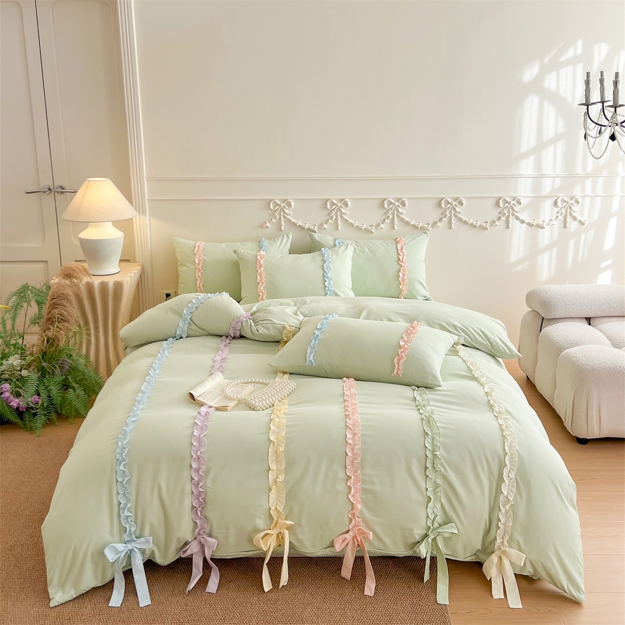 91家纺网 家纺一手货源 找家纺 吾欢心 2026春夏新款公主风彩色蝴蝶结四件套 彩色蝴蝶结绿