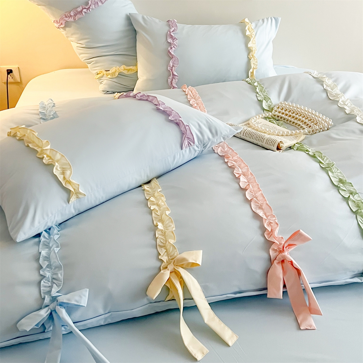 91家纺网 家纺一手货源 找家纺 吾欢心 2026春夏新款公主风彩色蝴蝶结四件套 彩色蝴蝶结蓝