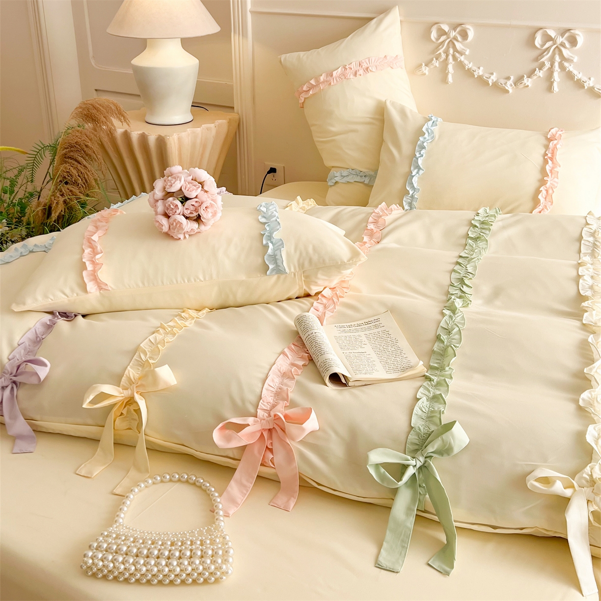 91家纺网 家纺一手货源 找家纺 吾欢心 2026春夏新款公主风彩色蝴蝶结四件套 彩色蝴蝶结黄