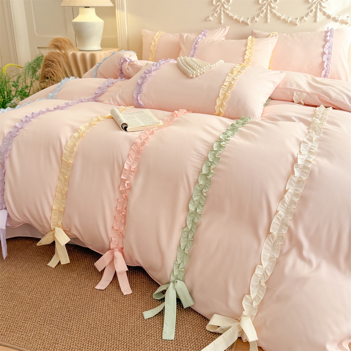 91家纺网 家纺一手货源 找家纺 吾欢心 2026春夏新款公主风彩色蝴蝶结四件套 彩色蝴蝶结粉