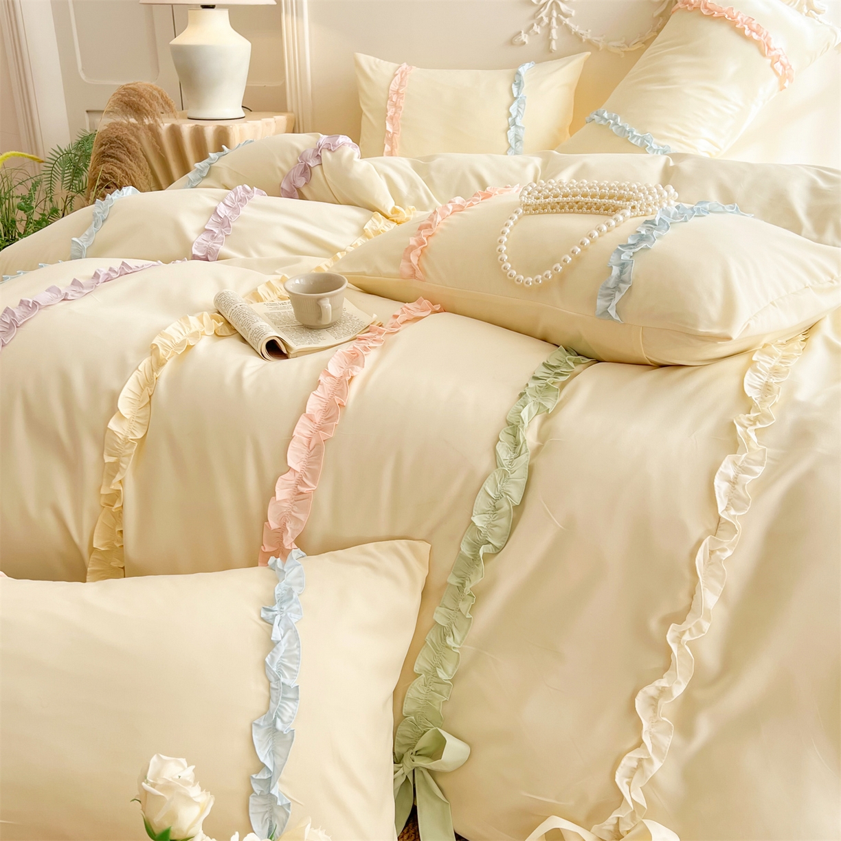 91家纺网 家纺一手货源 找家纺 吾欢心 2026春夏新款公主风彩色蝴蝶结四件套 彩色蝴蝶结黄