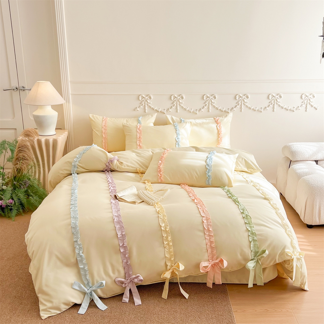 吾欢心 2026春夏新款公主风彩色蝴蝶结四件套 彩色蝴蝶结黄