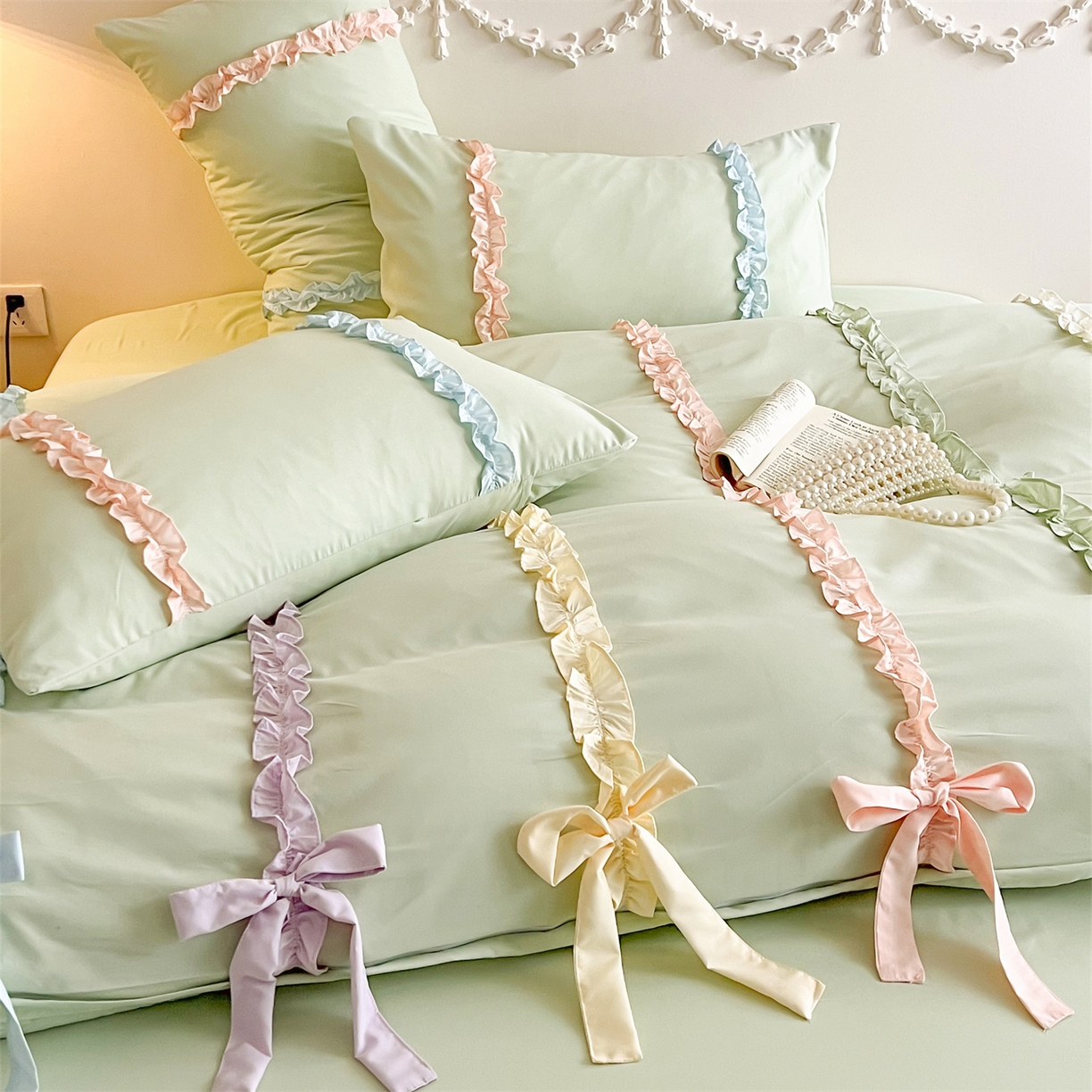 91家纺网 家纺一手货源 找家纺 吾欢心 2026春夏新款公主风彩色蝴蝶结四件套 彩色蝴蝶结绿