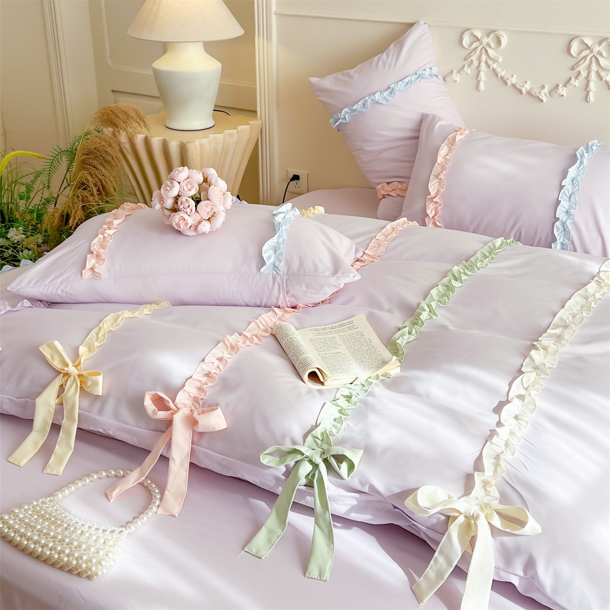 91家纺网 家纺一手货源 找家纺 吾欢心 2026春夏新款公主风彩色蝴蝶结四件套 彩色蝴蝶结紫