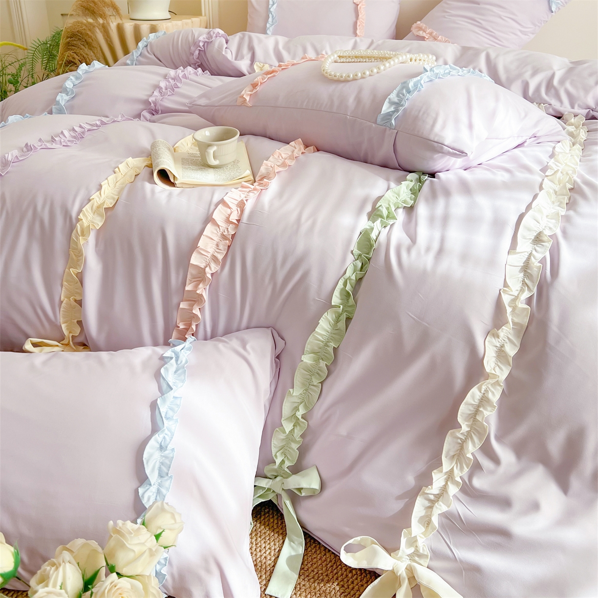 91家纺网 家纺一手货源 找家纺 吾欢心 2026春夏新款公主风彩色蝴蝶结四件套 彩色蝴蝶结紫