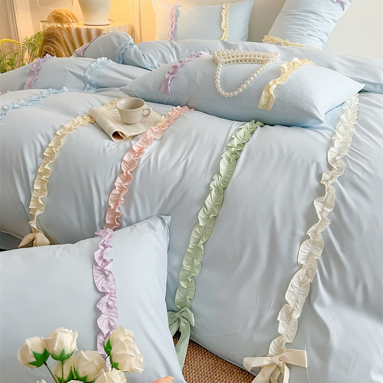 91家纺网 家纺一手货源 找家纺 吾欢心 2026春夏新款公主风彩色蝴蝶结四件套 彩色蝴蝶结蓝