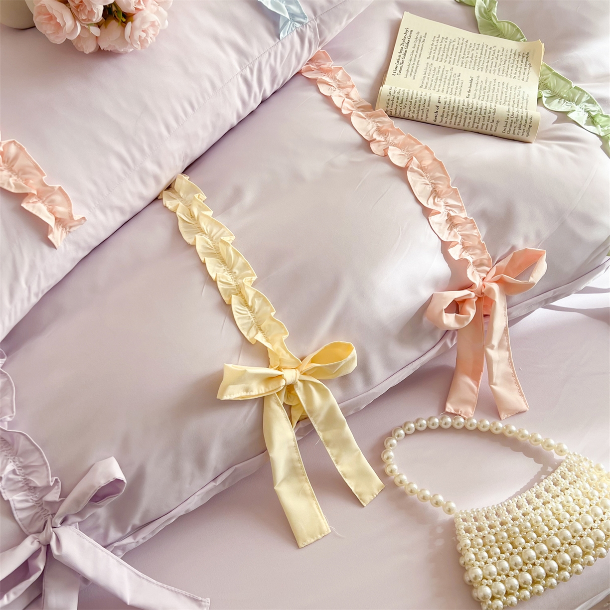 91家纺网 家纺一手货源 找家纺 吾欢心 2026春夏新款公主风彩色蝴蝶结四件套 彩色蝴蝶结紫