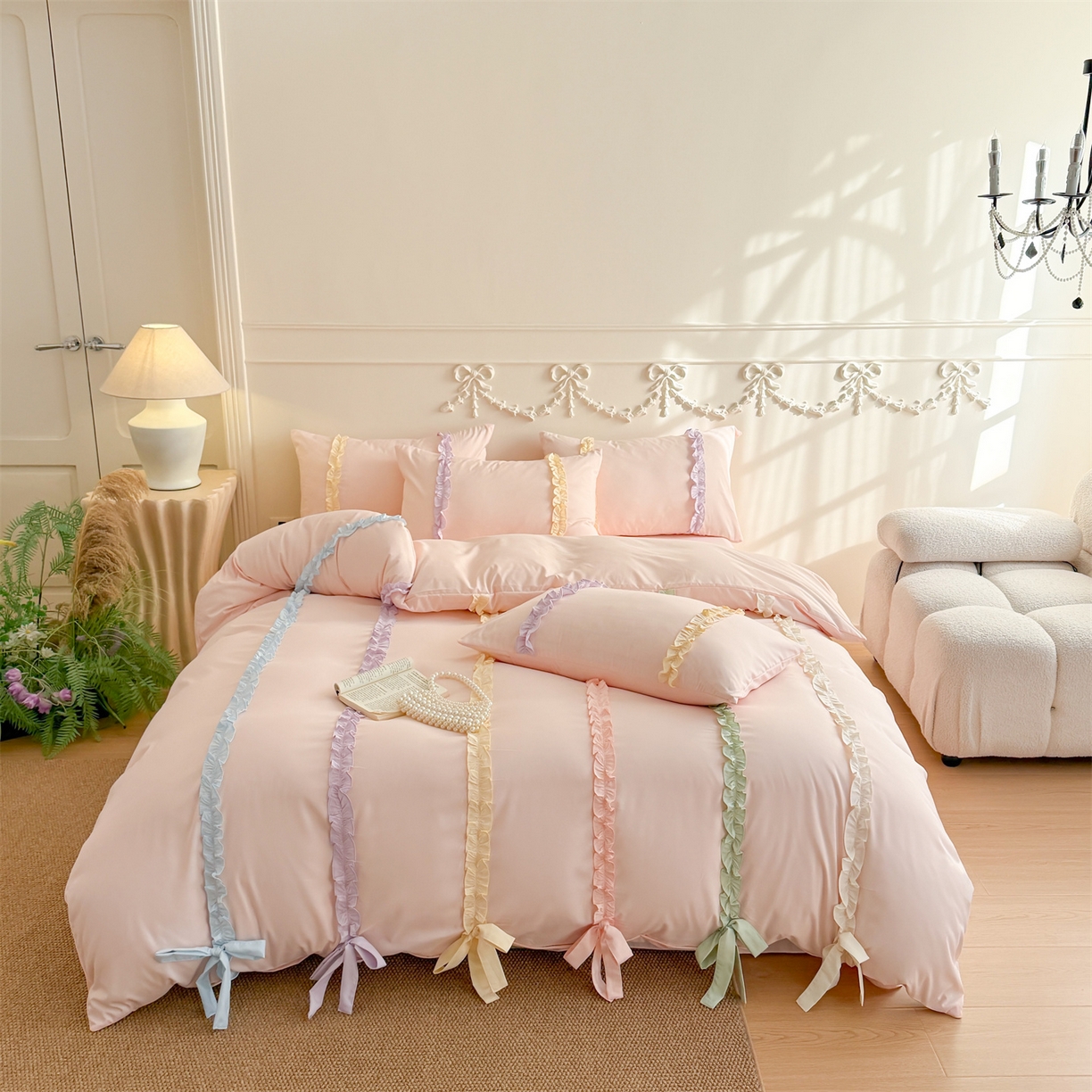 91家纺网 家纺一手货源 找家纺 吾欢心 2026春夏新款公主风彩色蝴蝶结四件套 彩色蝴蝶结粉