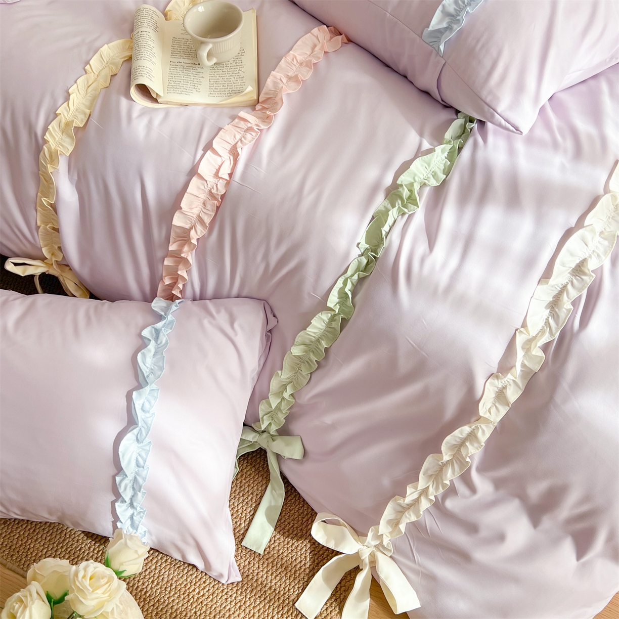 91家纺网 家纺一手货源 找家纺 吾欢心 2026春夏新款公主风彩色蝴蝶结四件套 彩色蝴蝶结紫