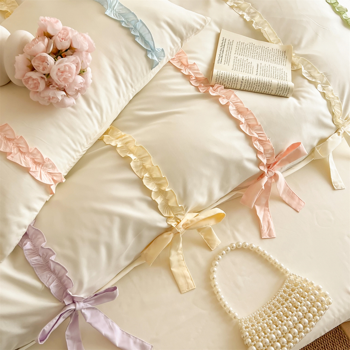 91家纺网 家纺一手货源 找家纺 吾欢心 2026春夏新款公主风彩色蝴蝶结四件套 彩色蝴蝶结白