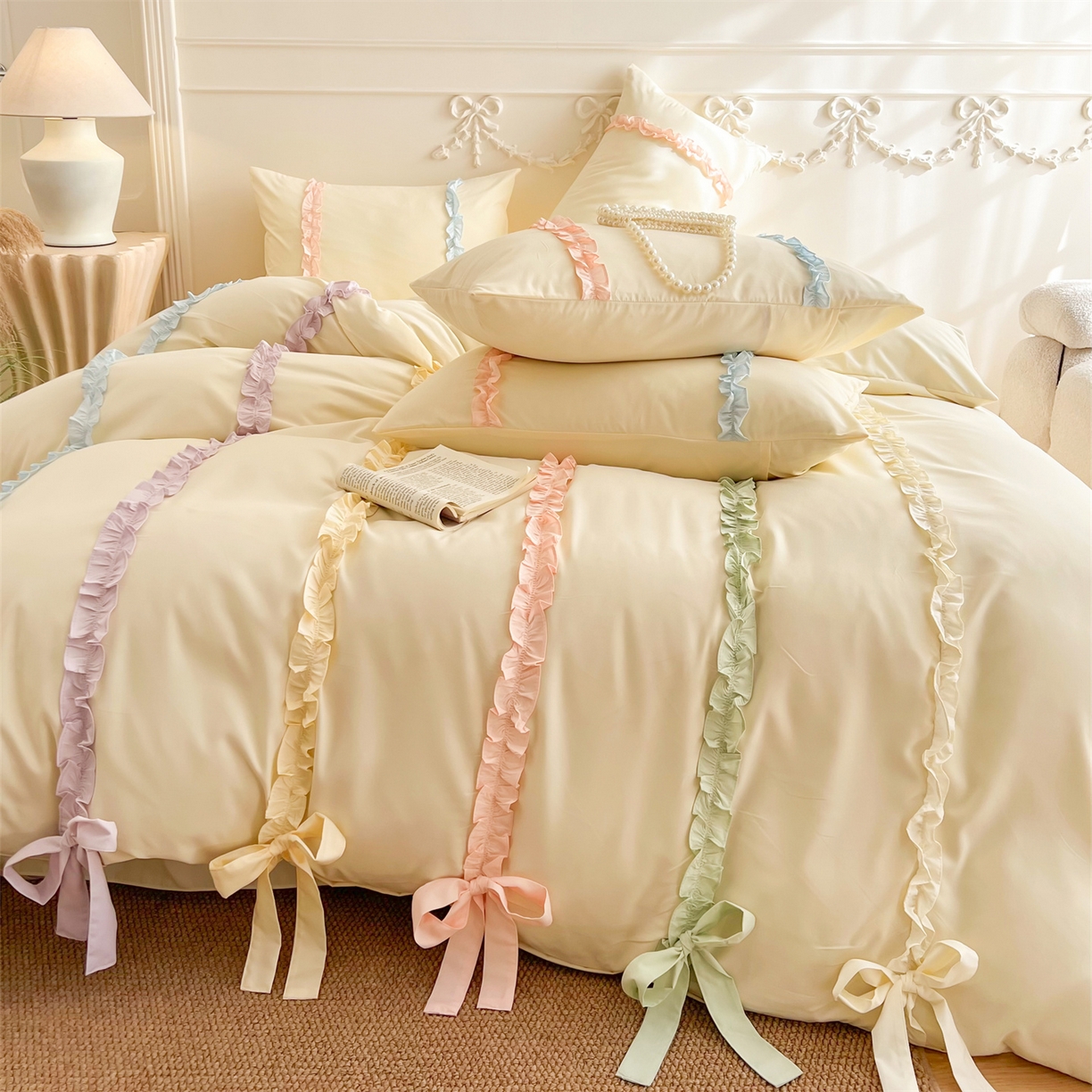 91家纺网 家纺一手货源 找家纺 吾欢心 2026春夏新款公主风彩色蝴蝶结四件套 彩色蝴蝶结黄