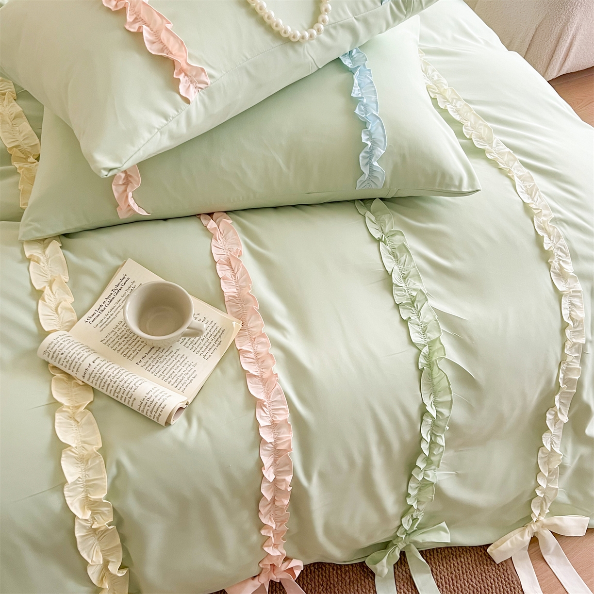 91家纺网 家纺一手货源 找家纺 吾欢心 2026春夏新款公主风彩色蝴蝶结四件套 彩色蝴蝶结绿