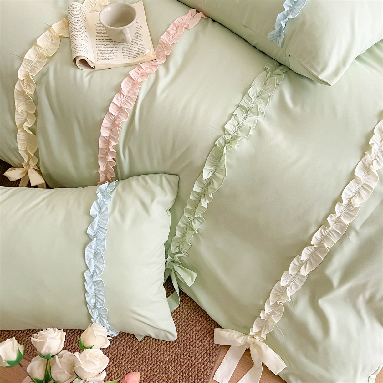 91家纺网 家纺一手货源 找家纺 吾欢心 2026春夏新款公主风彩色蝴蝶结四件套 彩色蝴蝶结绿