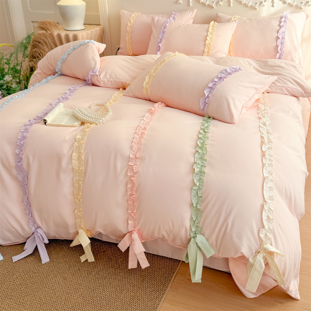 91家纺网 家纺一手货源 找家纺 吾欢心 2026春夏新款公主风彩色蝴蝶结四件套 彩色蝴蝶结粉