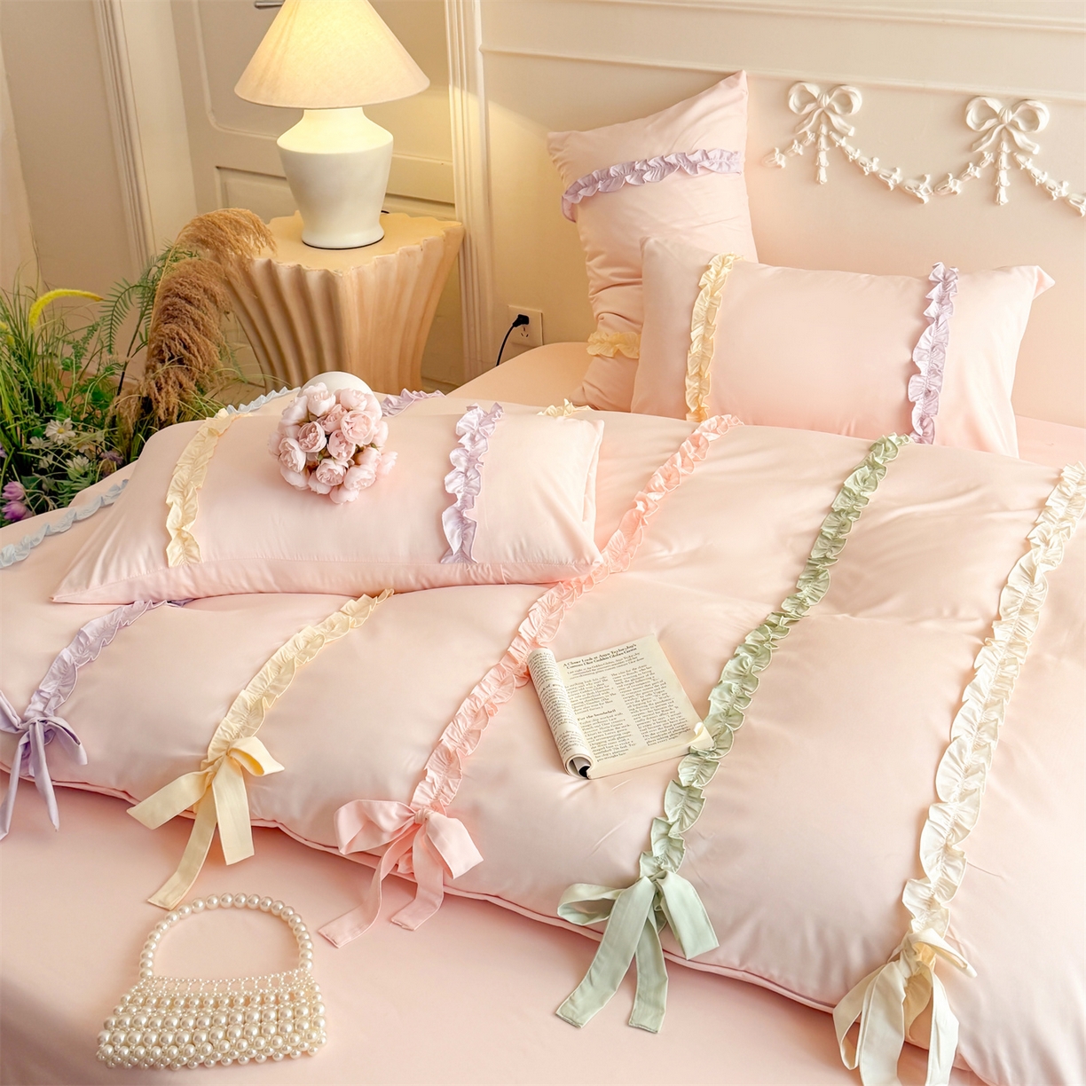 91家纺网 家纺一手货源 找家纺 吾欢心 2026春夏新款公主风彩色蝴蝶结四件套 彩色蝴蝶结粉