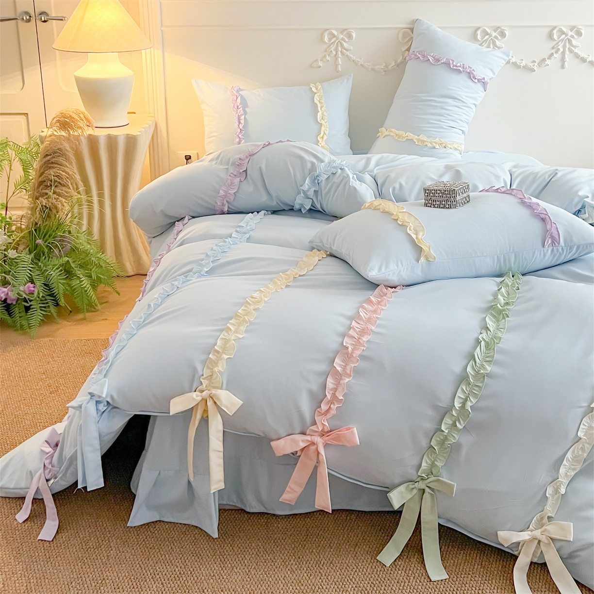 91家纺网 家纺一手货源 找家纺 吾欢心 2026春夏新款公主风彩色蝴蝶结四件套 彩色蝴蝶结蓝