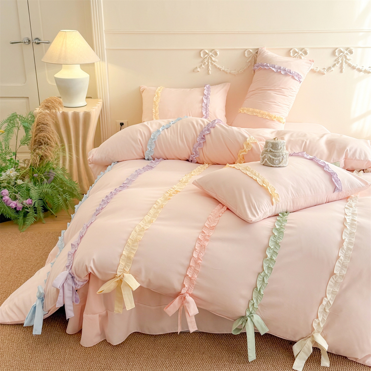 91家纺网 家纺一手货源 找家纺 吾欢心 2026春夏新款公主风彩色蝴蝶结四件套 彩色蝴蝶结粉