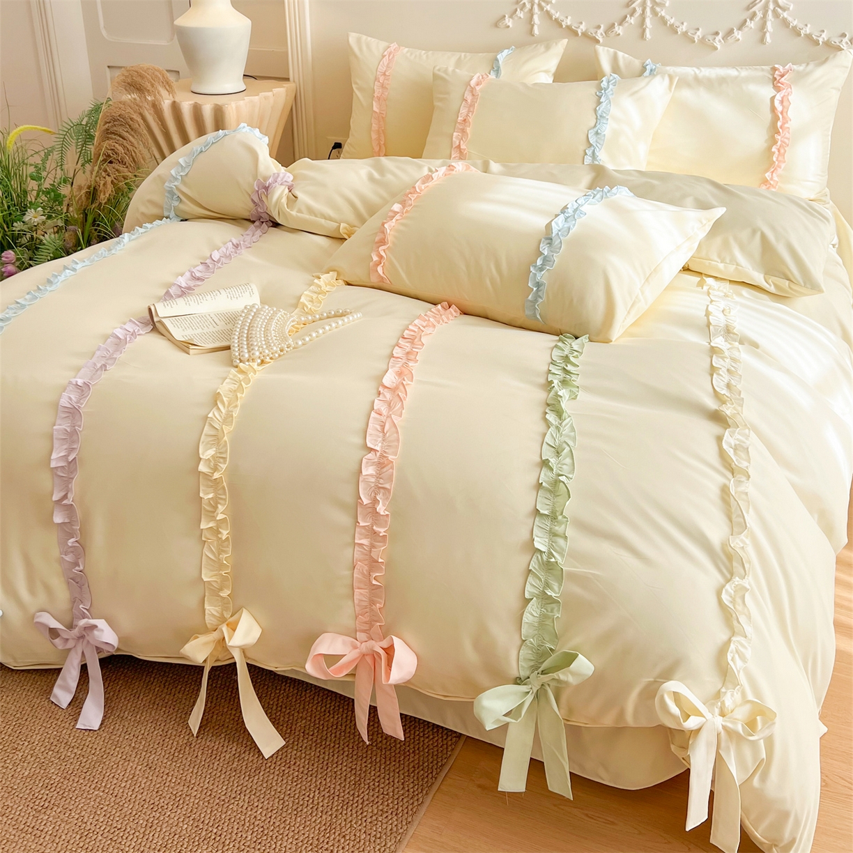 91家纺网 家纺一手货源 找家纺 吾欢心 2026春夏新款公主风彩色蝴蝶结四件套 彩色蝴蝶结黄