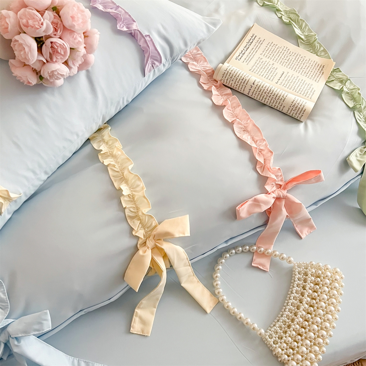 91家纺网 家纺一手货源 找家纺 吾欢心 2026春夏新款公主风彩色蝴蝶结四件套 彩色蝴蝶结蓝