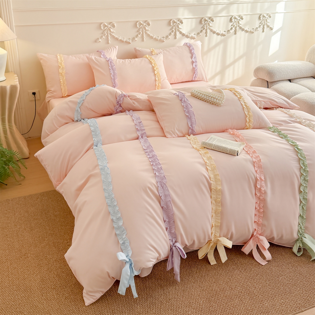 91家纺网 家纺一手货源 找家纺 吾欢心 2026春夏新款公主风彩色蝴蝶结四件套 彩色蝴蝶结粉