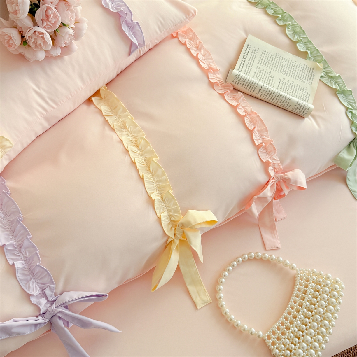 91家纺网 家纺一手货源 找家纺 吾欢心 2026春夏新款公主风彩色蝴蝶结四件套 彩色蝴蝶结粉