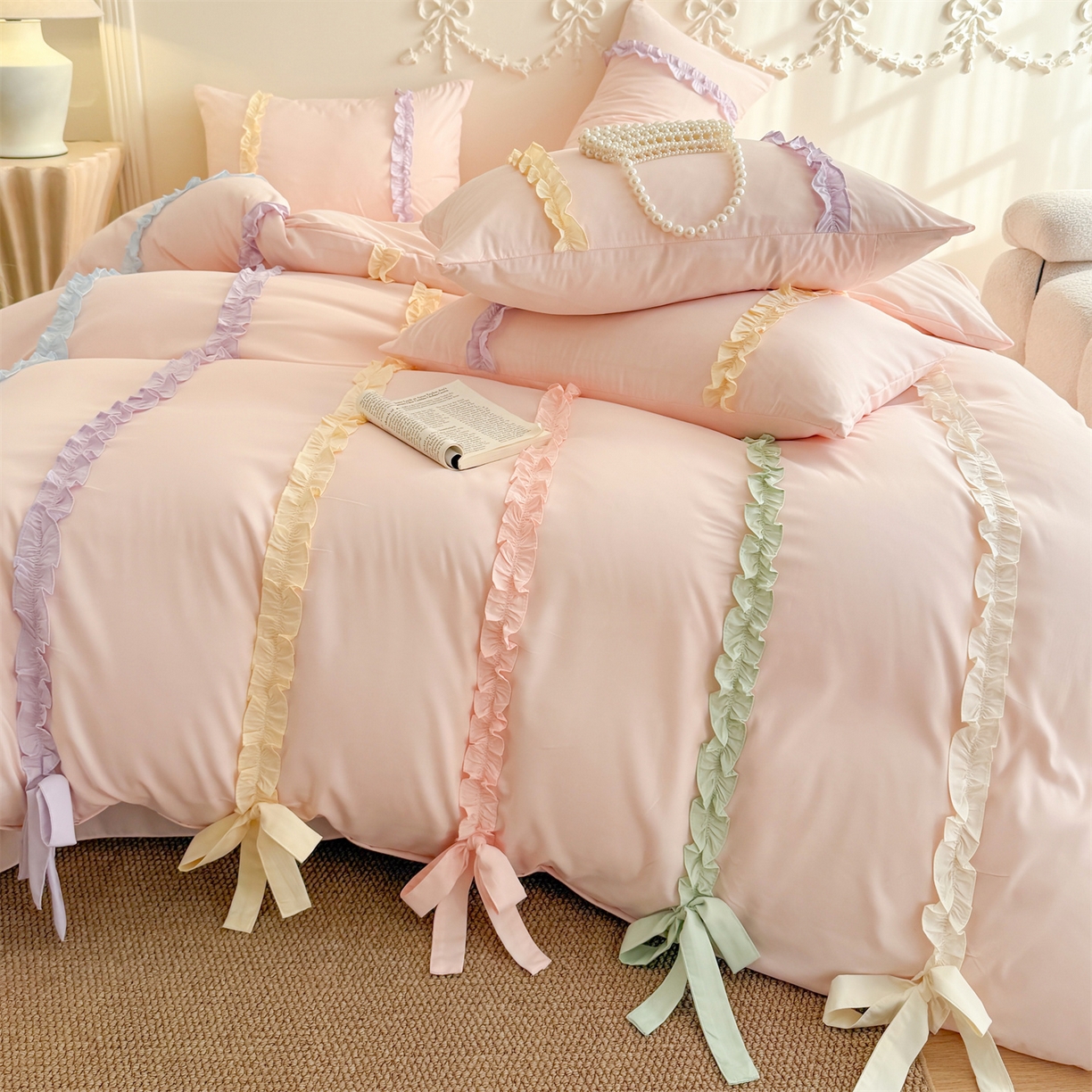 91家纺网 家纺一手货源 找家纺 吾欢心 2026春夏新款公主风彩色蝴蝶结四件套 彩色蝴蝶结粉