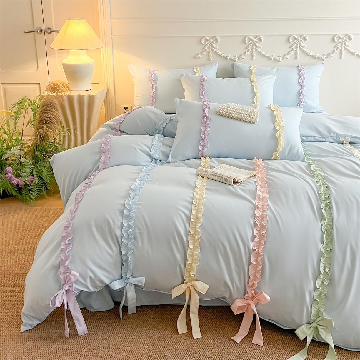 91家纺网 家纺一手货源 找家纺 吾欢心 2026春夏新款公主风彩色蝴蝶结四件套 彩色蝴蝶结蓝