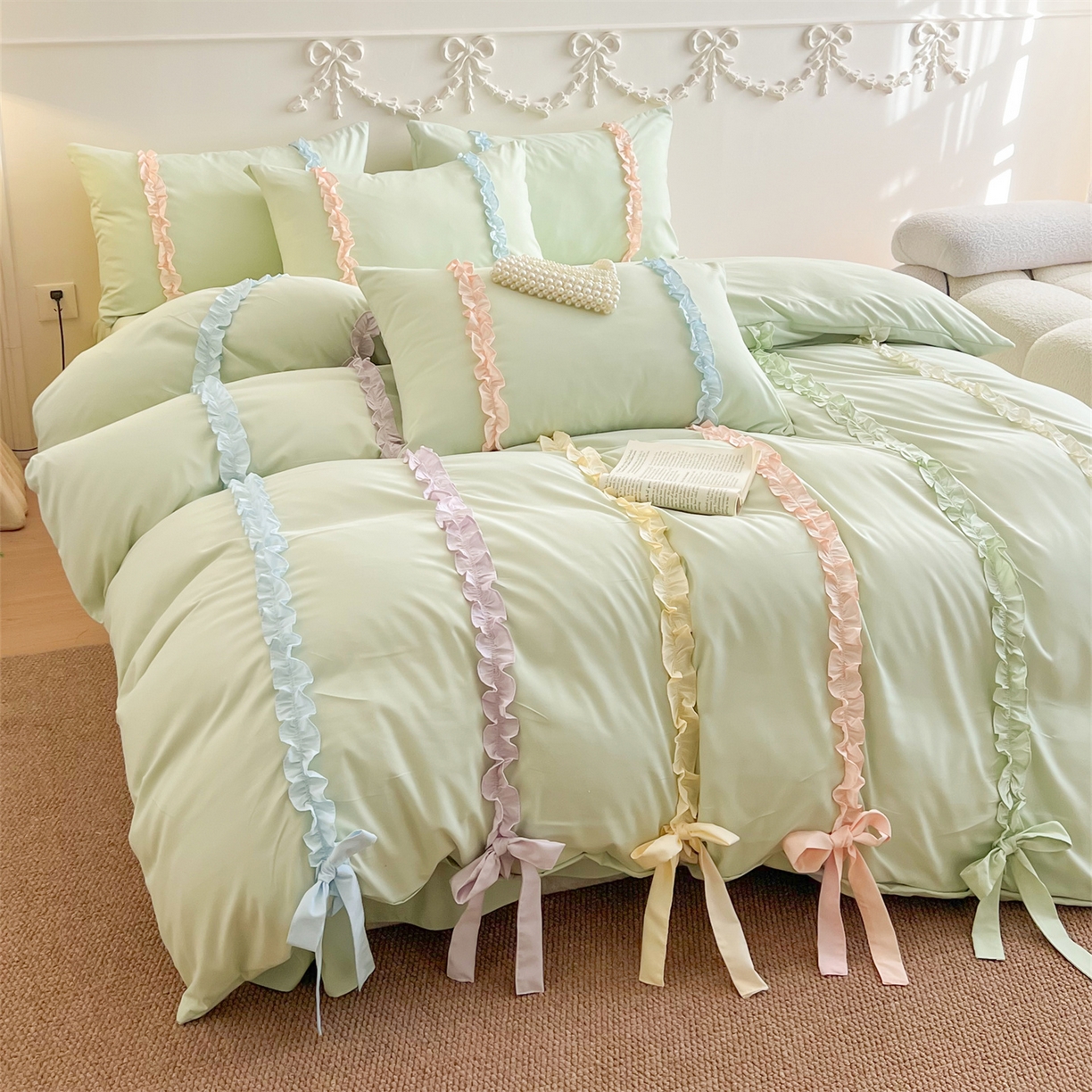 91家纺网 家纺一手货源 找家纺 吾欢心 2026春夏新款公主风彩色蝴蝶结四件套 彩色蝴蝶结绿