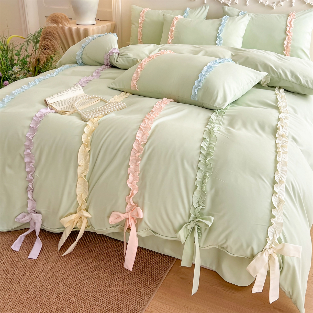 91家纺网 家纺一手货源 找家纺 吾欢心 2026春夏新款公主风彩色蝴蝶结四件套 彩色蝴蝶结绿